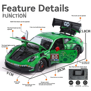 Coche de juguete de metal fundido a presión Porsche 911 GT3 Tiranosaurio 1:24 con sonido y luz, puertas que se abren, modelo de aleación coleccionable decorativo - Product Image 2