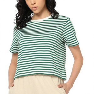 Women's Green <b>White</b> Striped O-Neck Short Sleeve <b>Crop</b> Top Loose Fit Casual Knitted 100% Cotton Breathable Spring Summer - Product Image 1