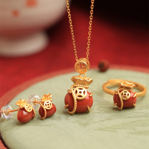 Southern Red Agate Lucky Bag Necklace Set Chinese Style Antique Gold Jewelry For Women Gift Fashion Jewelry Zinc Alloy - Product Image 1