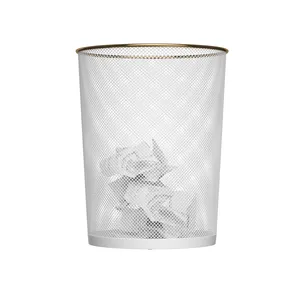 Cestas de <span class=keywords><strong>basura</strong></span> con tapa abierta para oficina y hogar, contenedores de <span class=keywords><strong>reciclaje</strong></span> de malla plateada REDONDA CON ADORNO dorado - Product Image 1