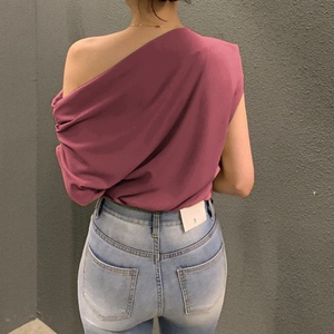Women's Chic Summer Irregular Slant Shoulder Design Loose Solid Color Pullover Short Sleeve T-shirt Shirt Fashion - Product Image 6