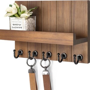 Wooden Wall Mounted Key Rack With <b>Shelf</b> And <b>Hooks</b> For Entryway Storage Organization - Product Image 1