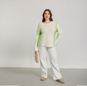 Women Knitted Pullover Spring 2026 100%Cotton Casual Gradient <strong>Knit</strong> <strong>Sweater</strong> Plus Size Light Green &amp; <strong>White</strong> with Purple Dot Details - Product Image 1
