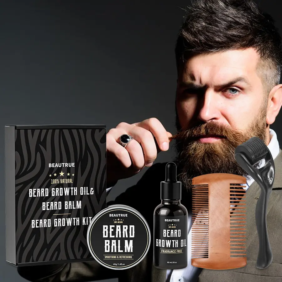 Personalizado OEM 100% Natural de alta calidad de los hombres cuidado de la barba Kit de crecimiento para los hombres cuidado de la barba aceite de crecimiento bálsamo peine cepillo conjunto