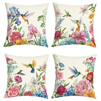 Lot de 4 Housses de Coussin Florales Printemps-Été, Motifs Fleurs de Jardin, Colibris, Lys et Hortensias, Style Ferme