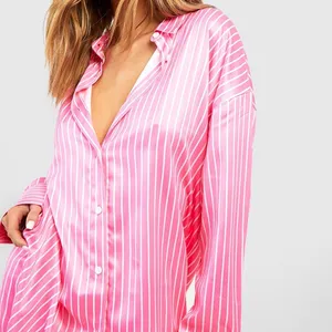Nieuwe Gestreepte Bedrukking Tweedelige Dameskleding Satijnen Zijden Pyjama Pyjama Luxe Loungekleding 2-delige Outfits Plus Size