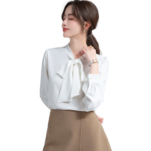 Women's Bow Tie Long Sleeve Shirt Top <b>White</b> Satin Office Wear Elegant French Style Spring Autumn New Arrival - Product Image 5