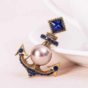 Broche Ancre en Alliage Plaqué Or avec Cristal Bleu et Perle d'Imitation pour Bijoux de Mode Masculine, Cadeau de Fiançailles, Mariage, Fête - Product Image 4