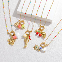 Collier en Acier Inoxydable Plaqué Or 18K avec Pendentifs Poisson, Étoile de Mer, Perle et Cerise, Thème Vacances d'Été, Plage et Océan