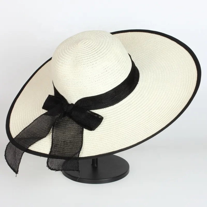 Lady Women Flat Wide Brim Sun Floppy Folding Bowknot Elegant Beach Straw Panama Paper Hats