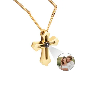 Stainless Steel 100 Languages I Love You Projection Cross Photo Pendant 18k Gold Necklace