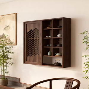 Estante de pared de madera maciza estilo cantonés con almacenamiento para juego de té, gabinete chino de múltiples compartimentos para sala de té - Product Image 1