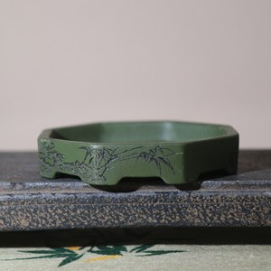 Maceta de Bonsái de Arcilla Morada Hecha a Mano, de Ocho Lados, Verde Oscuro, Tamaño Palma, Poco Profunda - Product Image 5