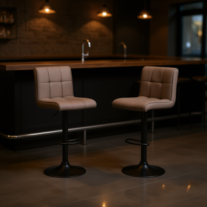 Ensemble de 2 tabourets de bar pivotants réglables en polyester taupe avec base ronde sur piédestal pour bar à domicile, design contemporain - Product Image 2