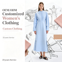 Robe chemise décontractée pour femme, bleu clair, col montant, manches longues, plissée devant, longueur midi avec fentes latérales