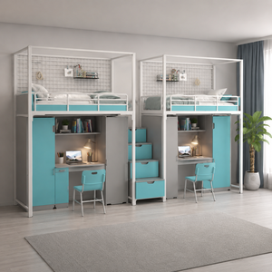 Lit superposé en métal robuste avec bureau double et armoire, lit pour 2 personnes pour l'école et l'appartement - Product Image 2