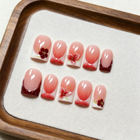 Faux Ongles à Presser en Acrylique Français Rouge Dégradé Faits Main, Peints à la Main en 3D avec Fleurs Rouges, Forme Carrée Moyenne, Style Doux, Fournitures de Salon, Vente en Gros