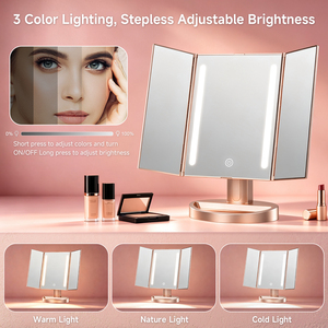<span class=keywords><strong>Miroir</strong></span> de maquillage LED pliable à trois volets avec commande tactile, compartiment de rangement frontal, angle réglable, <span class=keywords><strong>miroir</strong></span> de vanité rechargeable - Product Image 4