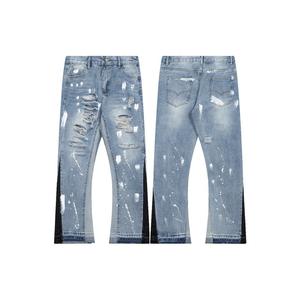 Men Dept <span class=keywords><strong>Blue</strong></span> Baggy <span class=keywords><strong>Jeans</strong></span> Streetwear Alta Qualidade Rasgado Pintado Empilhado Loose Fit Calças Calças Denim - Product Image 3