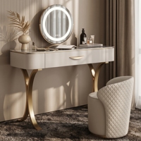 Coiffeuse Moderne Luxe Beige & Or en Bois avec Miroir Rond LED et Tabouret Matelassé - Ensemble Élégant pour Chambre/Salon