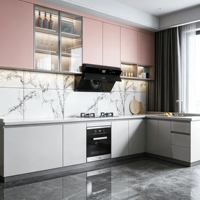 Cuisine modulaire sur mesure pour toute la maison, style américain, avec panneaux surélevés, construction en MDF, armoire en verre peinte gris écologique