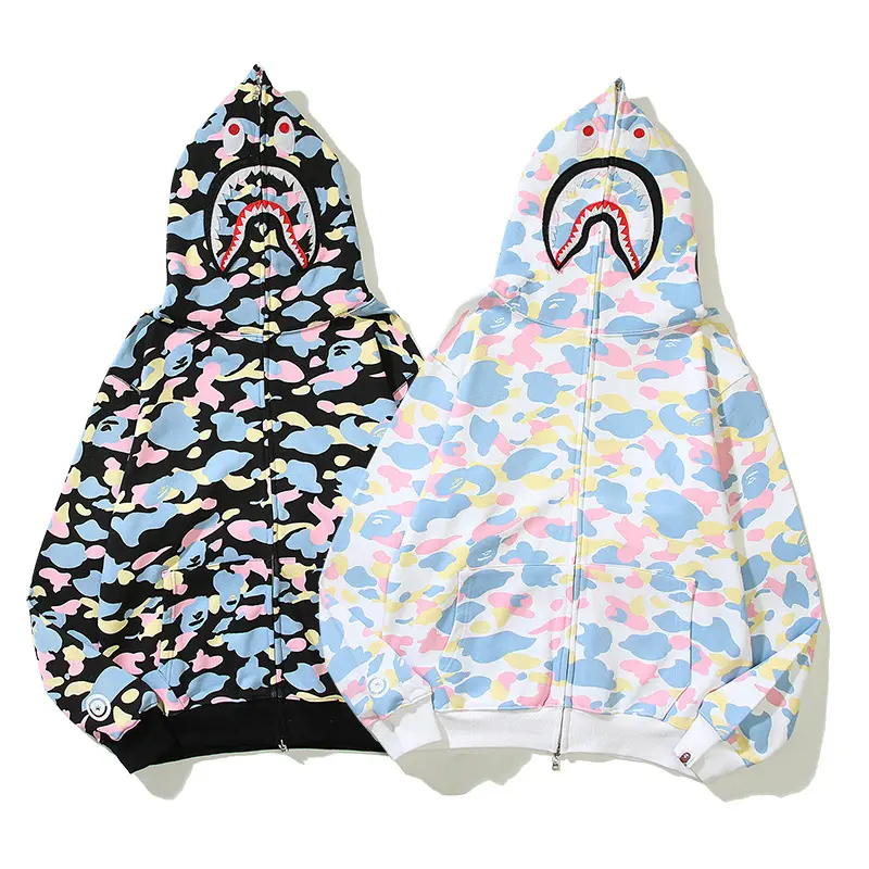 Fall Winter New Arrival Shark Hood Camo Print Hoodies Men Casual Bape Hoodies Sweatshirt With Zipper