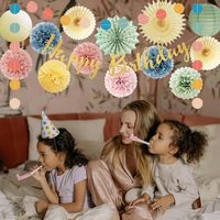 Décorations d'anniversaire pastel, décorations de fête rétro bohème arc-en-ciel avec bannière Joyeux Anniversaire, pompons, lanternes en papier pour femmes et filles