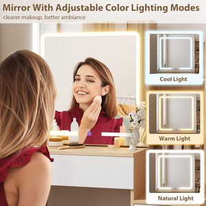 Tocador de Maquillaje Moderno PHOENIX HOME con 4 Cajones y 7 Estantes de Almacenamiento, Taburete, 3 Modos de Iluminación y Espejo Deslizante para Dormitorio - Product Image 6