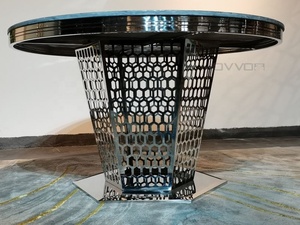 Plateau <span class=keywords><strong>en</strong></span> marbre rond double épaisseur de luxe et table à manger avec plateau pivotant <span class=keywords><strong>en</strong></span> acier inoxydable à base dorée - Product Image 3