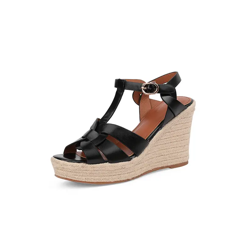 Quality leather wedges heel sandals ankle strap platform sandals wedges shoes ladies women