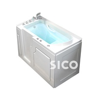 Baignoire autoportante en acrylique pour personnes âgées avec accès sécurisé, porte à basse hauteur et barres d'appui pour usage hôtelier