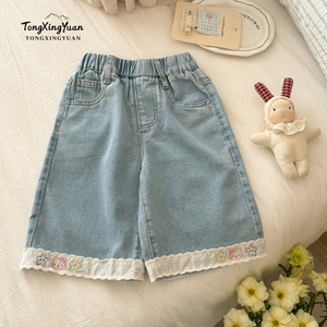 TongXingYuan Girls Denim Capri Pants Sky Blue <b>Elastic</b> Waist <b>Lace</b> Trim Loose Fit Summer Style - Product Image 1