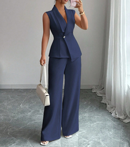 Conjunto de Pantalones y Blusa sin Mangas con Cuello en V, Transpirable, de Spandex/Poliéster, Elegante e Informal para el Trabajo, para Mujer, Regalos IStapromo de Verano - Product Image 4