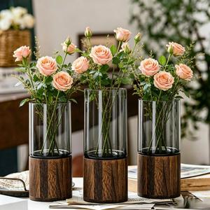 Vase en verre cylindrique avec logo personnalisé, ornement de Noël, décoration de mariage, décoration de table, bouteille en verre pour plantes hydroponiques avec base en bois - Product Image 5