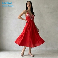 Gaun Sling Bordir Bunga Bohemian Kustom Katun Linen V-Neck Tanpa Punggung Gaun Midi Musim Panas Produsen Terverifikasi OEM ODM