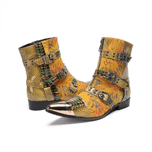 Bottes <span class=keywords><strong>Chelsea</strong></span> en cuir véritable pour hommes de créateur Rivets Boucle Style <span class=keywords><strong>Punk</strong></span> Chaussures de cheville à bout pointu Grande taille Botte de moto Cowboy - Product Image 2