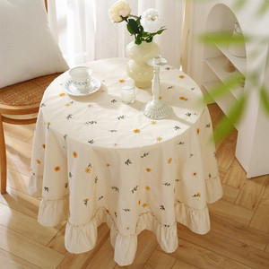 Tovaglia Rotonda in Cotone 100% Stile Nordico con Ricami Floreali e Orlo Arricciato, Colore Crema, Vendita all'Ingrosso - Product Image 4
