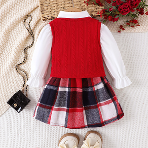 เสื้อผ้าเด็กอายุ 2-7 ปี เสื้อกั๊กถักนิตติ้งหรูหรา เสื้อเชิ้ตปกคอปก กระโปรงลายสก็อตจีบระบาย ชุดเสื้อผ้าเด็กผู้หญิง ฤดูใบไม้ร่วง ฤดูหนาว - Product Image 6