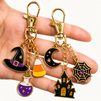 Porte-clés d'Halloween avec breloques Sorcière, Lune, Maison Hantée, et fermoir mousqueton, en métal personnalisé
