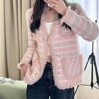 Cárdigan elegante a rayas con cuello en V para mujer, ropa de invierno informal de diseño antiarrugas de un solo pecho de alta calidad con bolsillos