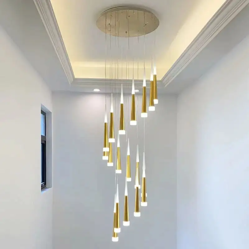 Candelabro LED ajustable para escaleras, colgante de oro, negro, blanco, café y plata para Villa, ático