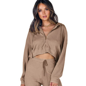 Ensembles 2 pièces personnalisés pour femmes, printemps, décontractés, couleur unie, haut court zippé, pantalon de jogging, capuche, respirant, tricot en polyester, imprimé - Product Image 5