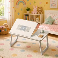 Support de Table Pliable en Bois pour Ordinateur Portable avec Ventilateurs USB Doubles, Hauteur et Angle Réglables sur 5 Niveaux, pour Lit et Canapé, avec Pieds en Silicone
