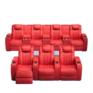 Deluxe-Reihenlehne aus rotem Leder für Heimkino 3 Sitze elektrisches Sofa mit LED-Leuchten elektrische Pedalsitze