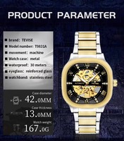 Montre mécanique en or rose pour hommes, automatique, squelette, boîtier coussin, cadran noir, bracelet en métal, chiffres romains lumineux
