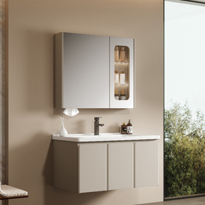 Meuble de salle de bain mural <span class=keywords><strong>en</strong></span> acier inoxydable antirouille beige à trois portes <span class=keywords><strong>avec</strong></span> miroir intelligent et écran LED chaud, style contemporain - Product Image 3