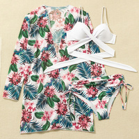 Traje de baño floral de cintura alta para mujer, conjunto de traje de baño de tres piezas con espalda descubierta y escote en V