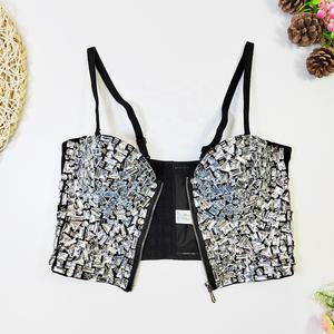 Mejor precio con cuentas corsé superior cremallera mejor precio Rhinestone Crop Top Sexy Bustier cuello <span class=keywords><strong>Halter</strong></span> tejido de punto para mujeres tetonas - Product Image 2