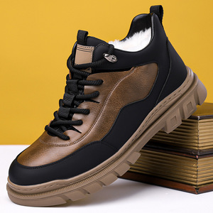 Bottes d'hiver pour hommes, hauteur cheville, en cuir véritable, doublure en fourrure, semelle extérieure en caoutchouc antidérapante, semelle intermédiaire en EVA, bout rond, chaudes, pour la randonnée en extérieur - Product Image 1