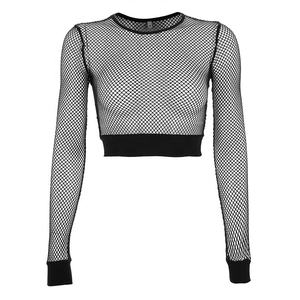 Tops cortos de malla transpirable de manga larga con tiras sexis para mujer, blusa de baile adelgazante con cuello en V y cuello redondo, Tops cortos para mujer - Product Image 2
